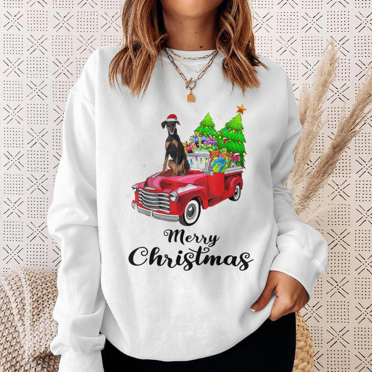 Doberman Pinscher Ride Red Truck Christmas Pajama Sweatshirt Gifts for Her