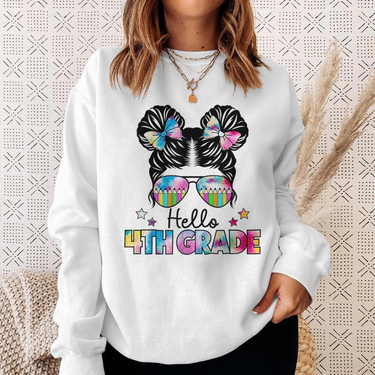 First Day Of School Hello 4Th Grade Girls Messy Bun Sweatshirt Gifts for Her