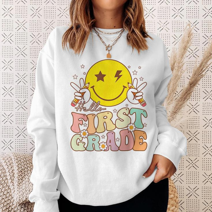 Hello First Grade Hippie Smile Face 1St Grade Back To School Sweatshirt Gifts for Her
