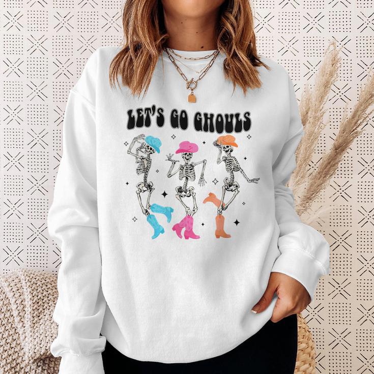 Let's Go Ghouls Halloween Western Spooky Skeletons Dancing Sweatshirt Gifts for Her