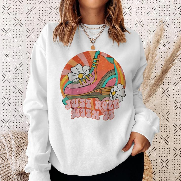Roll With It Roller Skating Retro Skater Vintage Skate Quote Sweatshirt Gifts for Her