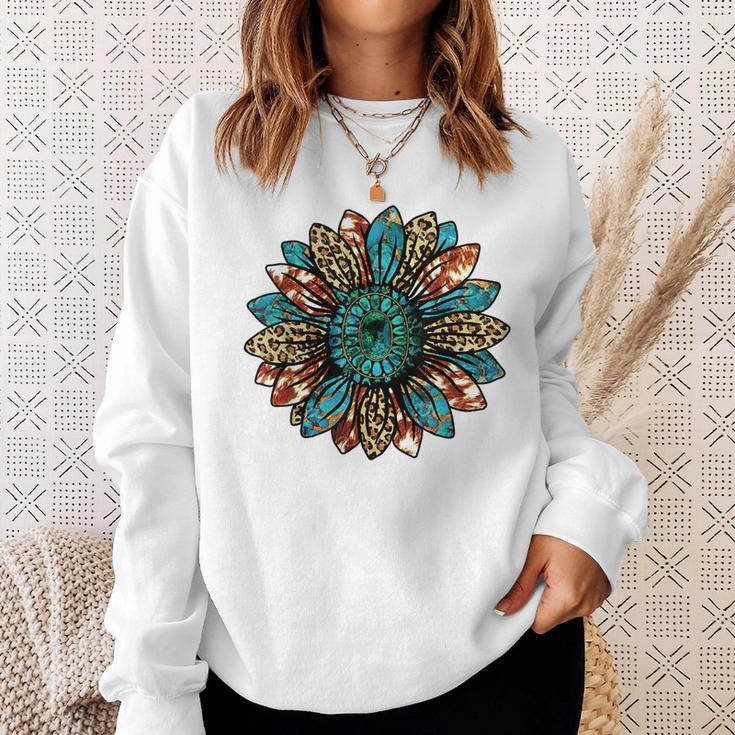 Western Country Texas Cowgirl Turquoise Cowhide Sunflower Sweatshirt Gifts for Her