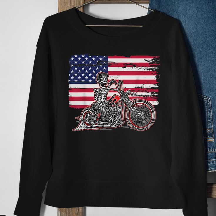 American Flag Motorcycle Skeleton Biker Bobber Chopper Rider Sweatshirt Gifts for Old Women