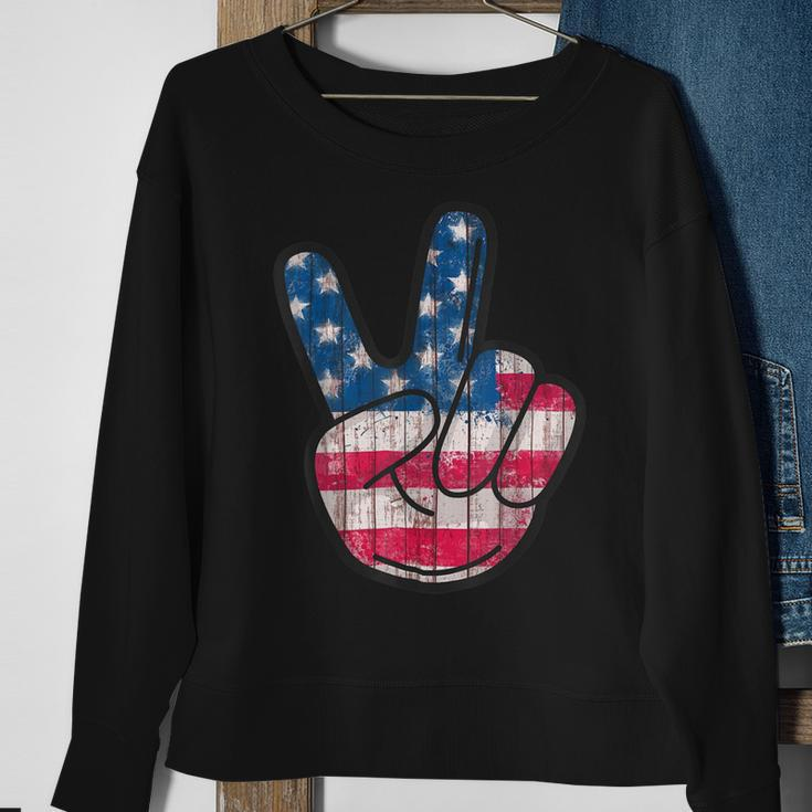 American Flag Peace Sign Hand 4Th Fourth Of July Sweatshirt Gifts for Old Women