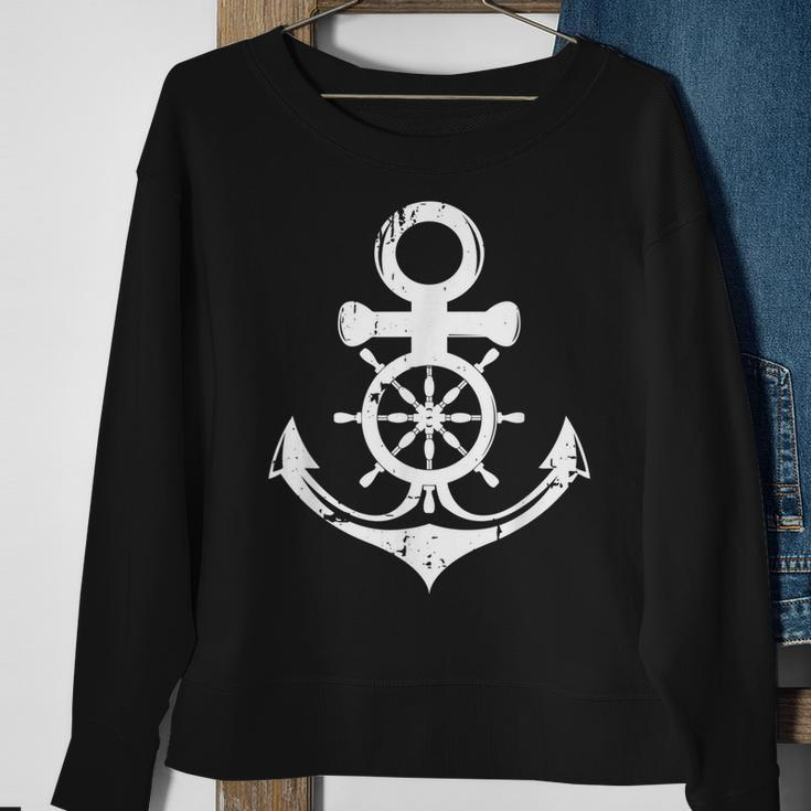 Anchor With Ship Sring Wheel Nautical Vintage Sailor Sweatshirt Gifts for Old Women