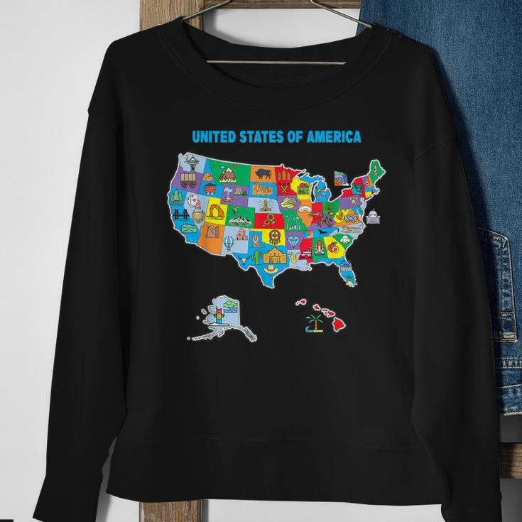 Colorful United States Of America Map Us Landmarks Icons Sweatshirt Gifts for Old Women