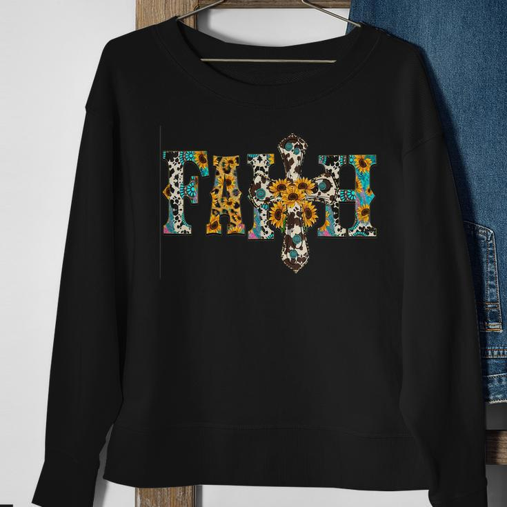 Cowhide Sunflowers Turquoise Faith Cross Jesus Cowgirl Rodeo Sweatshirt Gifts for Old Women