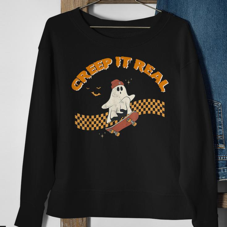 Creep It Real Skateboarding Ghost Halloween Costume Retro Sweatshirt Gifts for Old Women