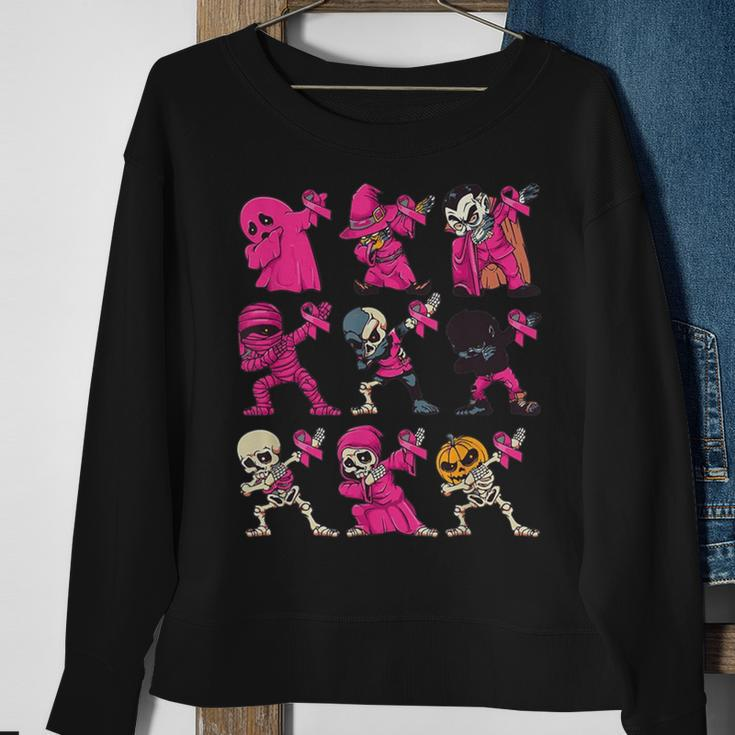 Dabbing Halloween Skeleton Pumpkin Breast Cancer Awareness Sweatshirt Gifts for Old Women