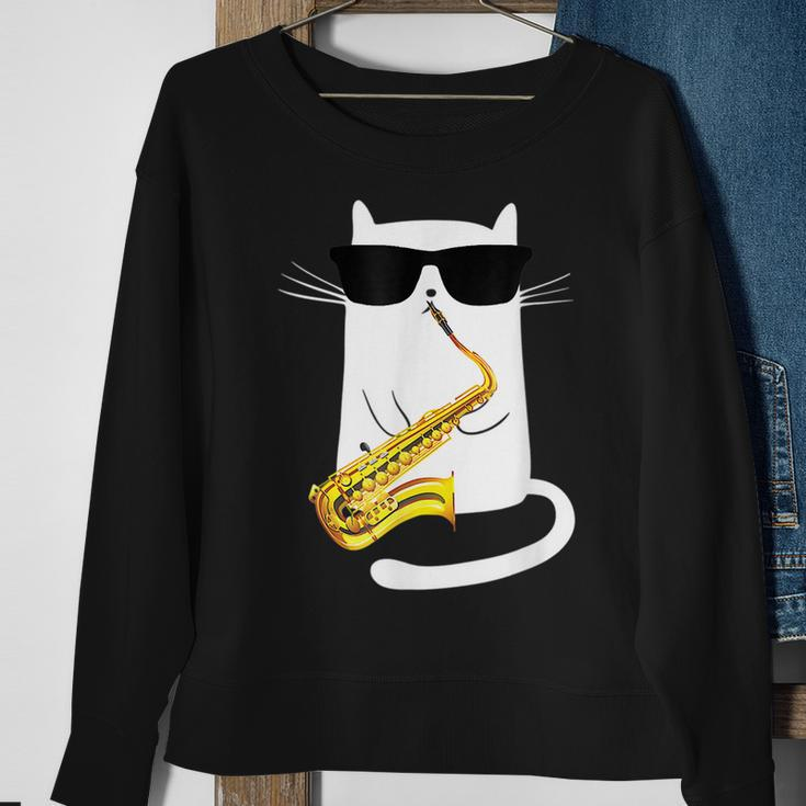 Funny Cat Wearing Sunglasses Playing Saxophone Sweatshirt Gifts for Old Women