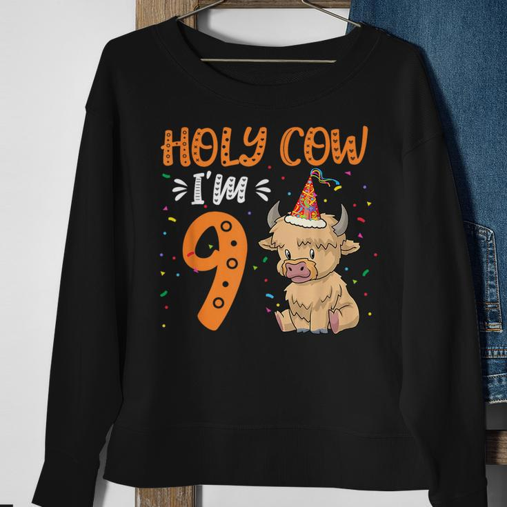 Holy Cow Im 9 Scottish Highland Cow Print 9Th Birthday Girl Sweatshirt Gifts for Old Women