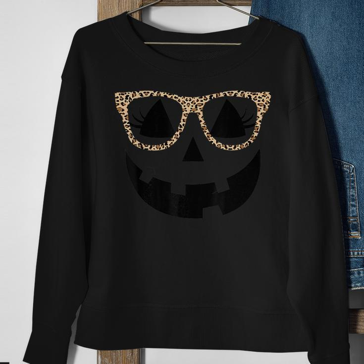 Jack O Lantern Face Pumpkin Halloween Leopard Glasses Sweatshirt Gifts for Old Women