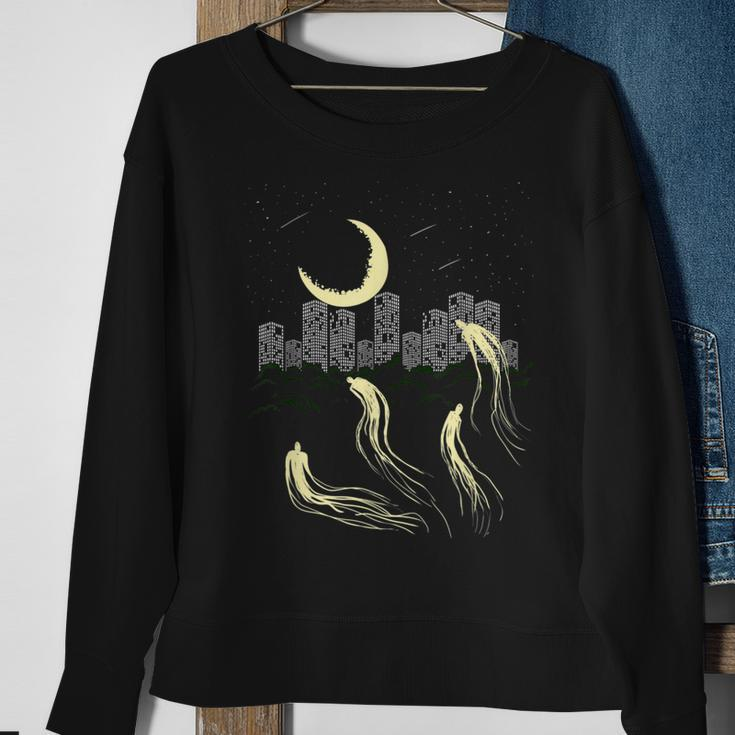 Night Sky Moon Star Building Ghost City Galaxy Horror Ghost Sweatshirt Gifts for Old Women