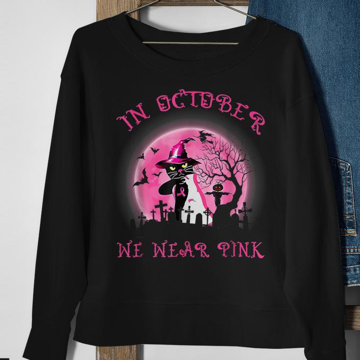 In October We Wear Pink Cat Witch Breast Cancer Halloween Sweatshirt Gifts for Old Women