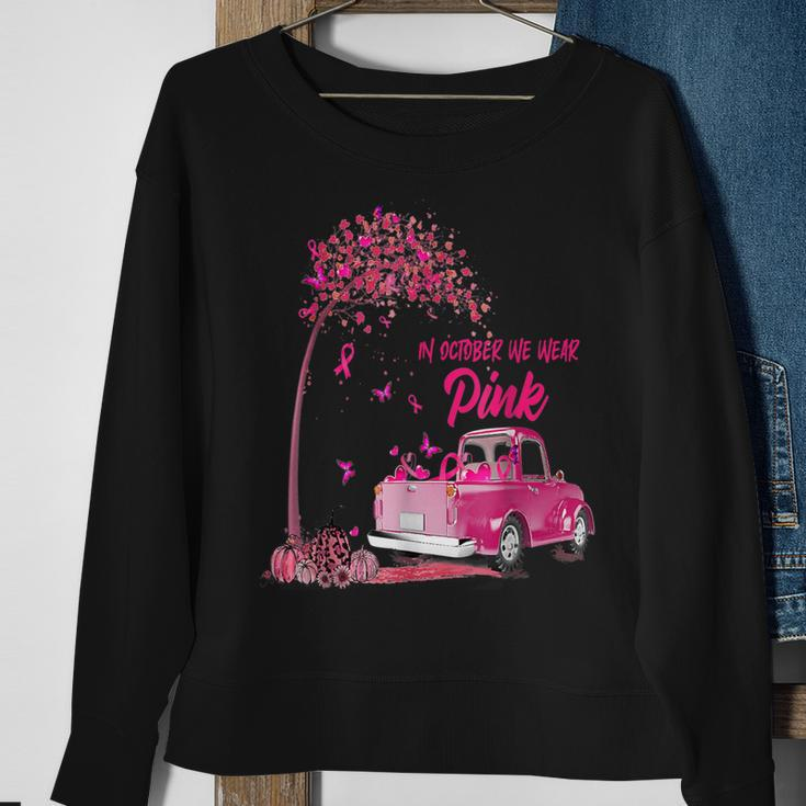 In October We Wear Pink Ribbon Leopard Truck Breast Cancer Sweatshirt Gifts for Old Women
