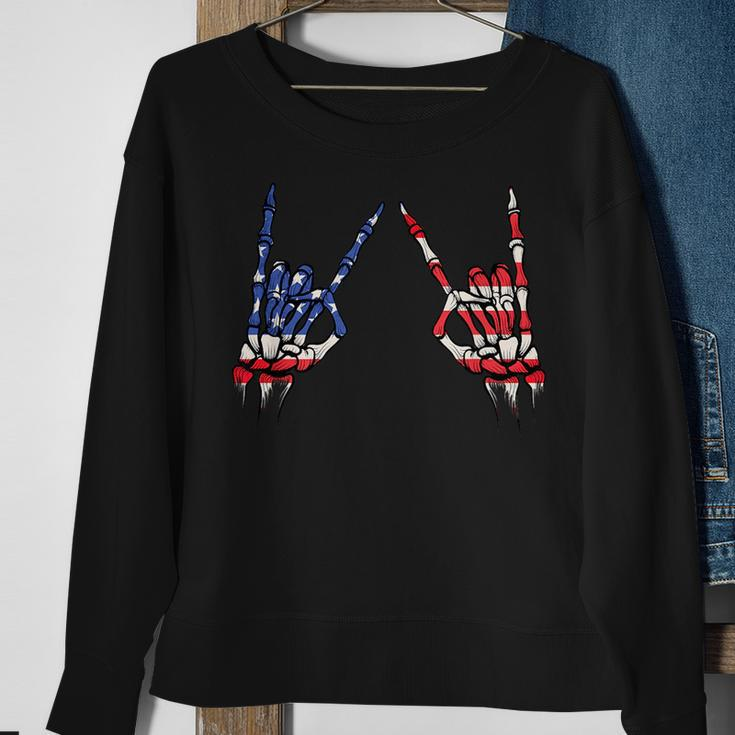 Patriotic Usa Flag Skeleton Rock On Devil Horns 4Th Of July Patriotic Funny Gifts Sweatshirt Gifts for Old Women