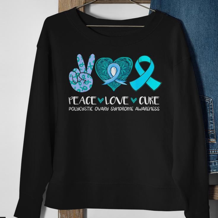 Peace Love Cure Polycystic Ovary Syndrome Pcos Teal Ribbon Sweatshirt Gifts for Old Women