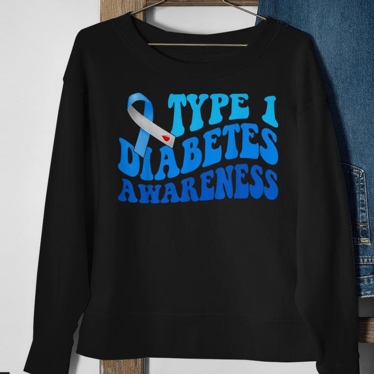 Retro Type 1 Diabetes Awareness Blue Ribbon T1d Warrior Sweatshirt Gifts for Old Women