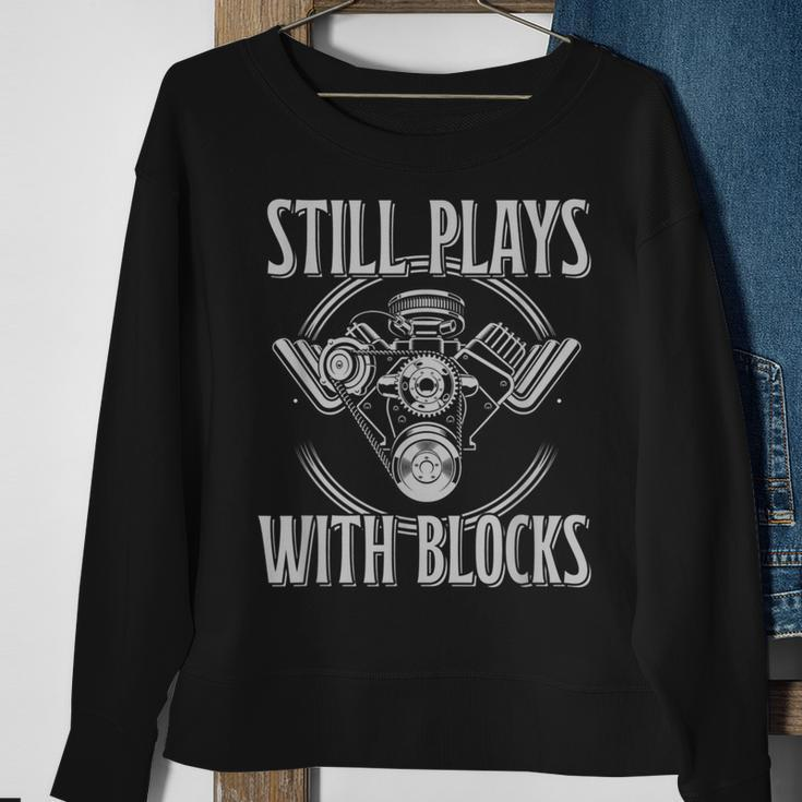 Still Plays With Blocks Mechanics And Car Guys Garage Sweatshirt Gifts for Old Women