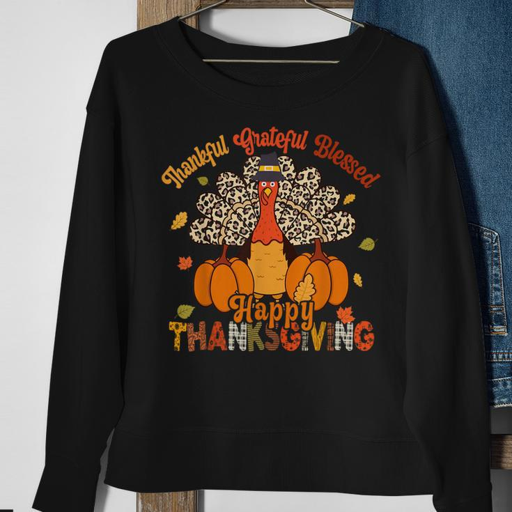 Thankful Grateful Blessed Thanksgiving Turkey Leopard Print Sweatshirt Gifts for Old Women
