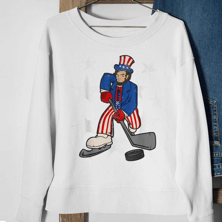 Abraham Lincoln Playing Hockey Funny 4Th Of July Hockey Sweatshirt Gifts for Old Women