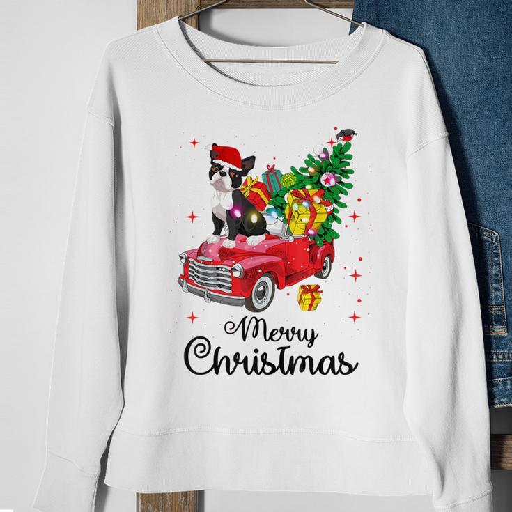 Boston Terrier Ride Red Truck Christmas Pajama Sweatshirt Gifts for Old Women
