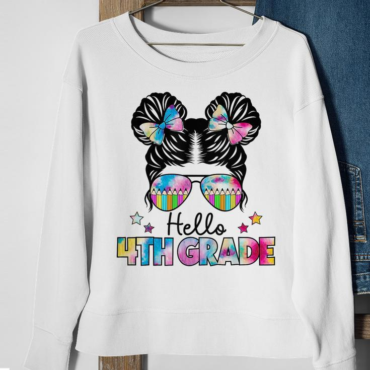 First Day Of School Hello 4Th Grade Girls Messy Bun Sweatshirt Gifts for Old Women