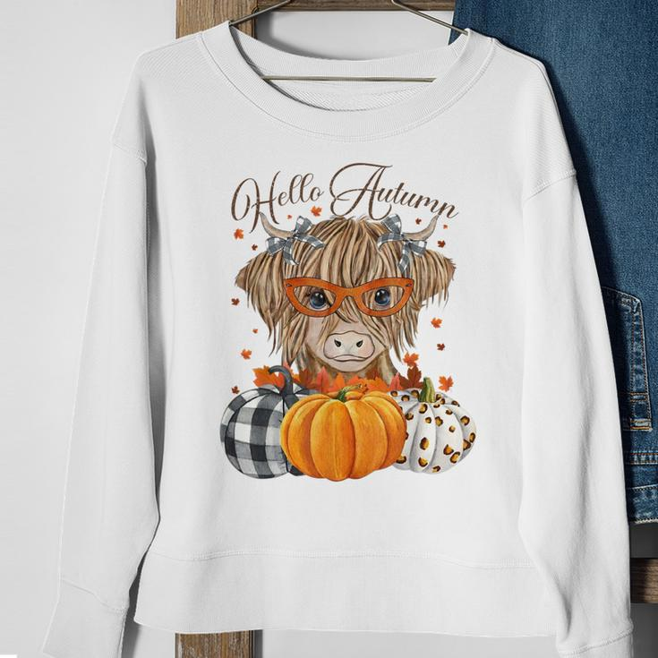 Hello Autumn Fall Highland Cow Pumpkins Thanks Giving Sweatshirt Gifts for Old Women