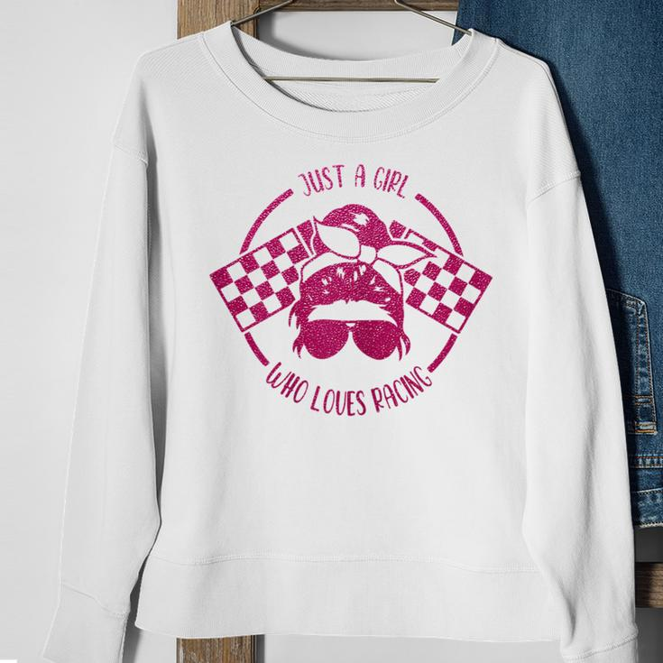 Just A Girl Who Loves Racing Race Day Checkered Flags Gift Racing Funny Gifts Sweatshirt Gifts for Old Women
