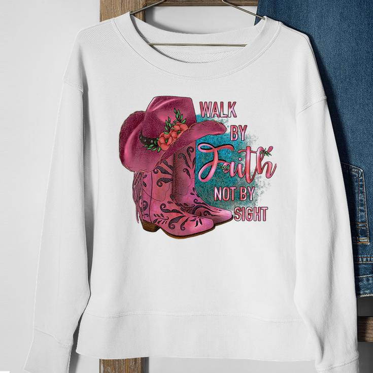 Walk By Faith Not By Sight Cowgirl Boots With Hat Pink Faith Funny Gifts Sweatshirt Gifts for Old Women