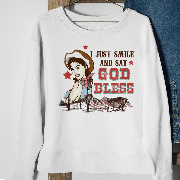 Western Country Cowgirl I Just Smile And Say God Bless Sweatshirt Gifts for Old Women