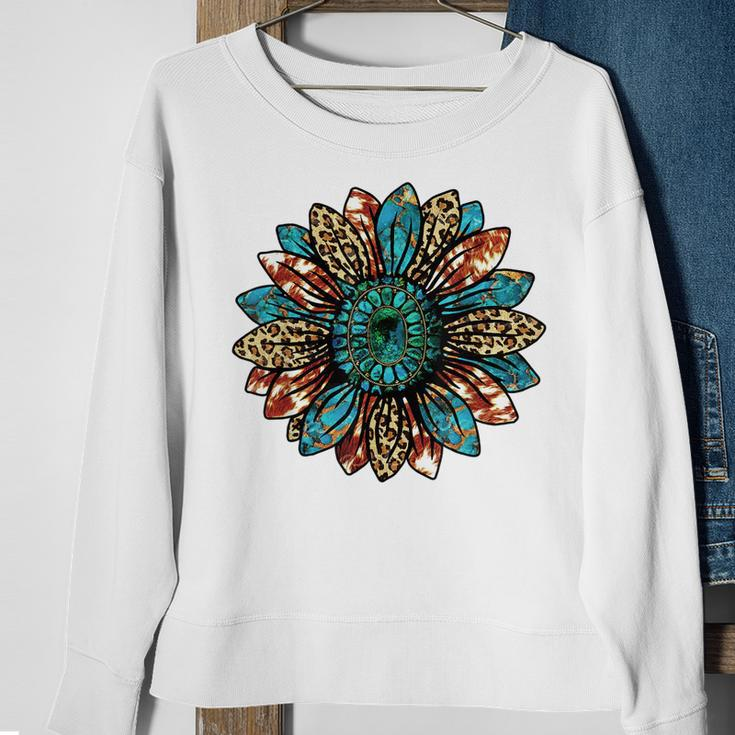 Western Country Texas Cowgirl Turquoise Cowhide Sunflower Sweatshirt Gifts for Old Women
