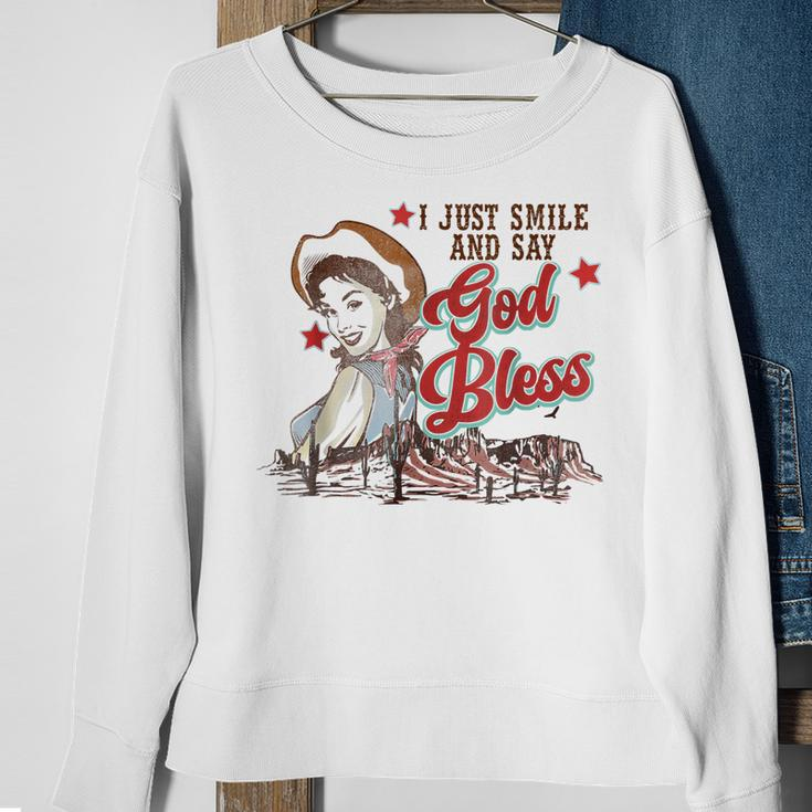 Western Cowgirl I Just Smile And Say God Bless Sweatshirt Gifts for Old Women