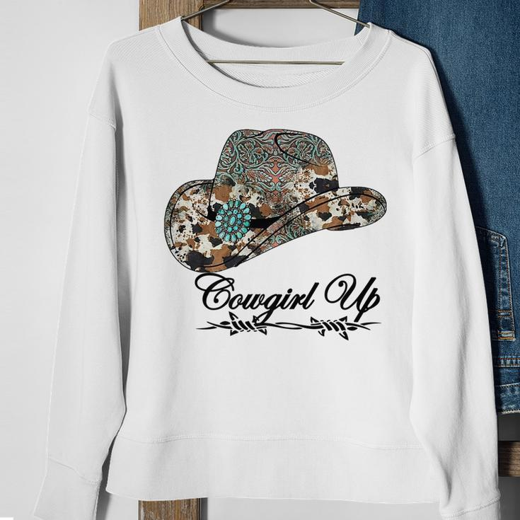 Western Cowgirl Up Leopard Turquoise Hat Cowhide Rodeo Sweatshirt Gifts for Old Women