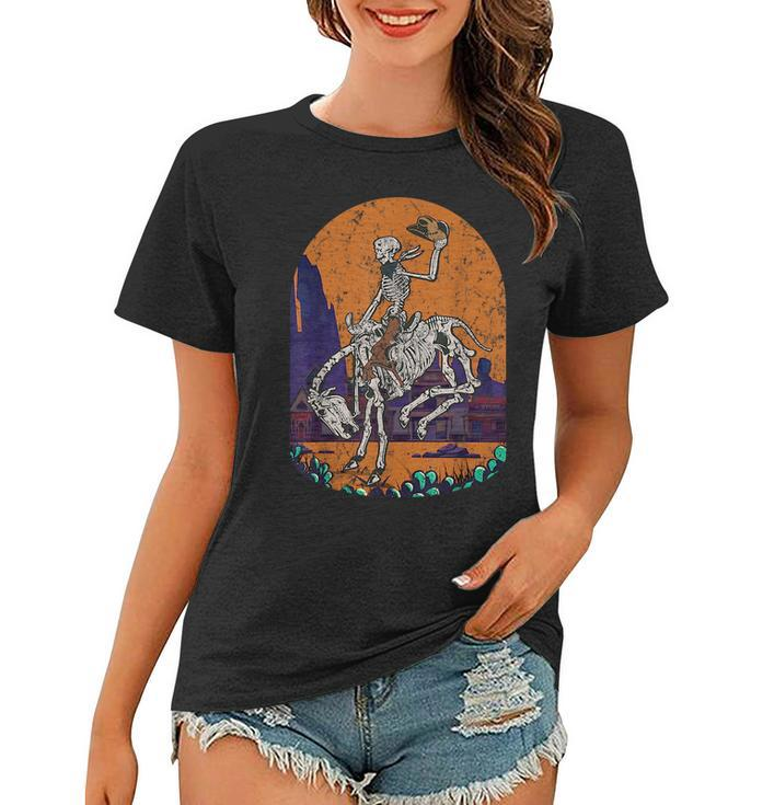 Western Country Cowgirl Cowboy Skeleton Halloween Spooky Women T-shirt