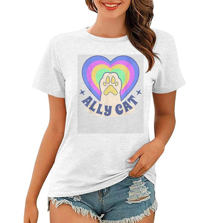 Ally Cat Lgbt Gay Pride Month 2023 Lgbtq Rainbow Heart Paw  Women T-shirt