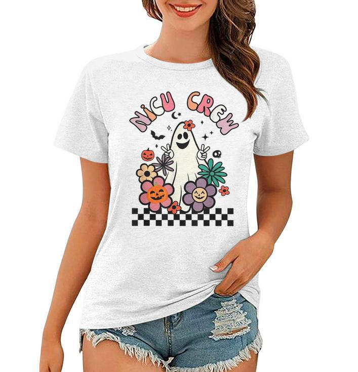Retro Halloween Nicu Crew Nurse Groovy Floral Ghost Boo Women T-shirt