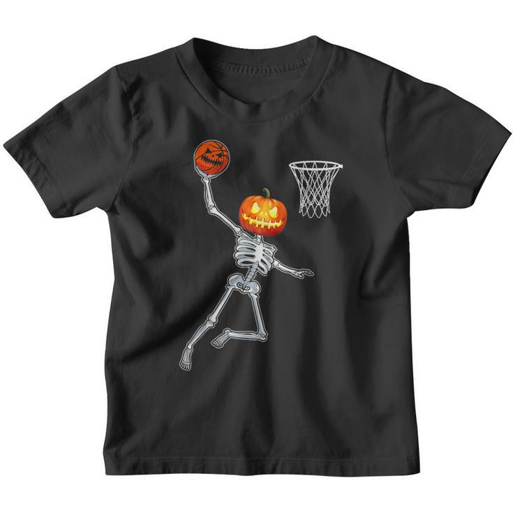 Pumpkin Skeleton Playing Basketball Halloween Costume Boys Youth T-shirt