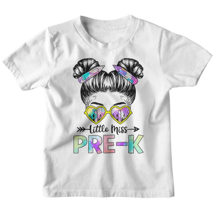 First Day Of Little Miss Pre K Back To School Messy Bun  Youth T-shirt