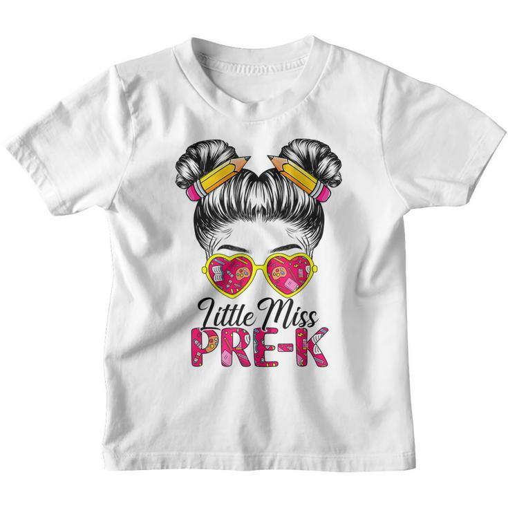 Little Miss Pre K Messy Bun Girl Back To School First Day  Youth T-shirt