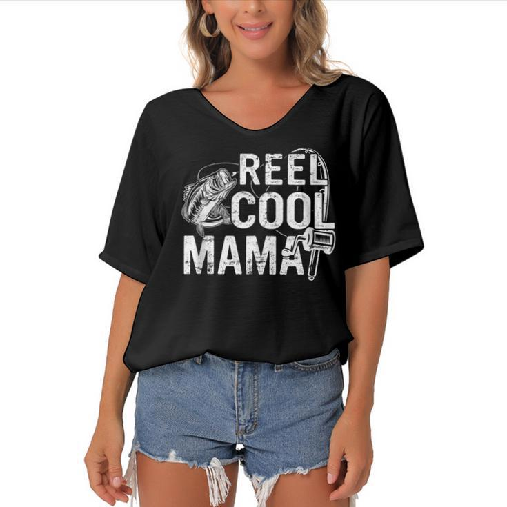 Distressed Reel Cool Mama Fishing Mothers Day  Gift For Women Women's Bat Sleeves V-Neck Blouse