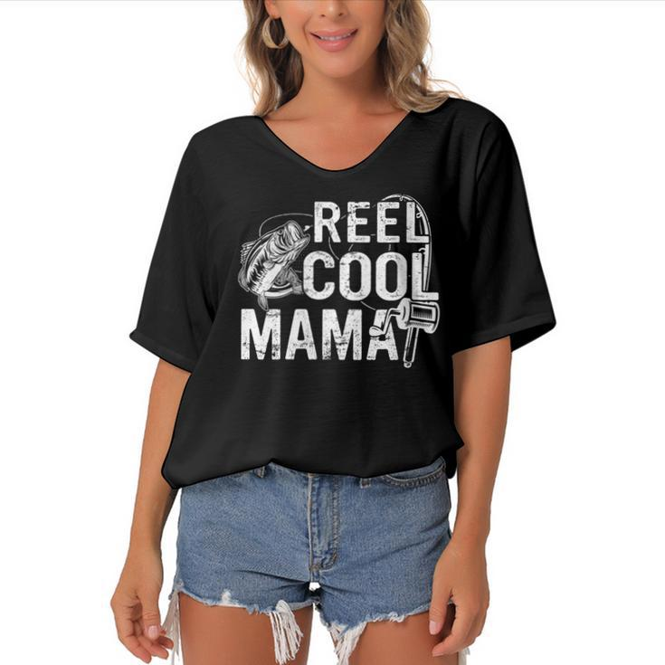 Distressed Reel Cool Mama Fishing Mothers Day  Gift For Womens Gift For Women Women's Bat Sleeves V-Neck Blouse