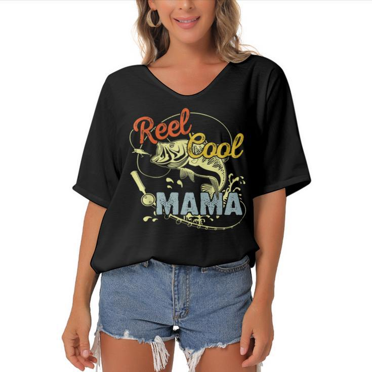 Mothers Day Funny Retro Reel Cool Mama Fishing Lover  Gift For Women Women's Bat Sleeves V-Neck Blouse