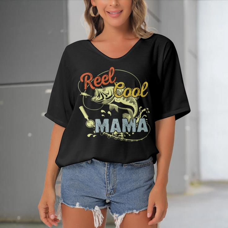 Mothers Day Funny Retro Reel Cool Mama Fishing Lover Gift For Women Women's Bat Sleeves V-Neck Blouse