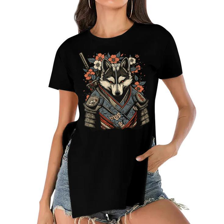 Japanese Samurai Wolf Tattoo Vintage Kawaii Ninja  Gift For Women Women's Short Sleeves T-shirt With Hem Split