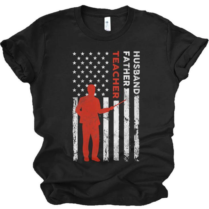 Teacher Husband Dad Vintage Usa Flag American Fathers  Jersey T-Shirt