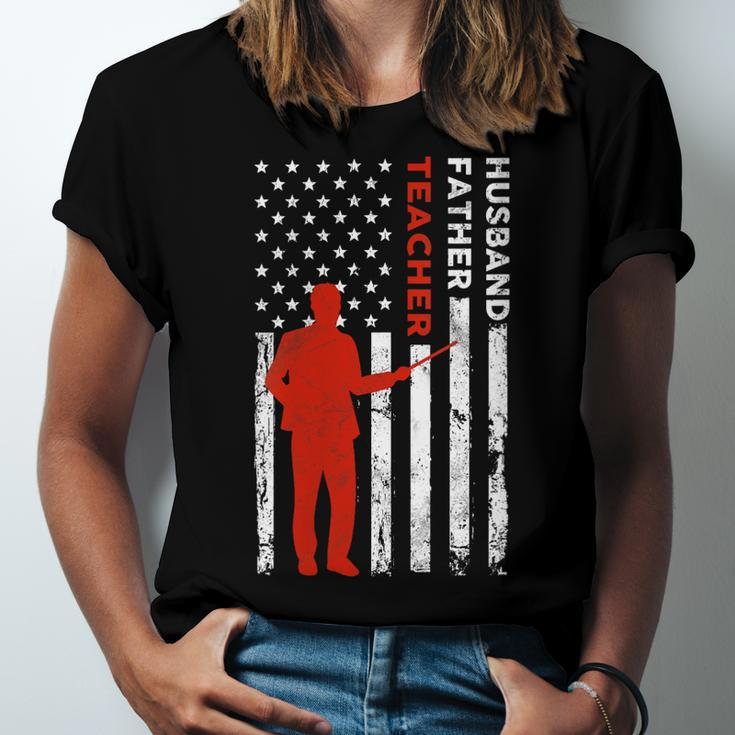 Teacher Husband Dad Vintage Usa Flag American Fathers Jersey T-Shirt