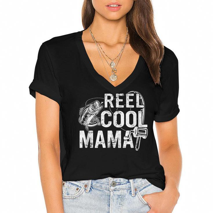 Distressed Reel Cool Mama Fishing Mothers Day  Gift For Women Women's Jersey Short Sleeve Deep V-Neck Tshirt