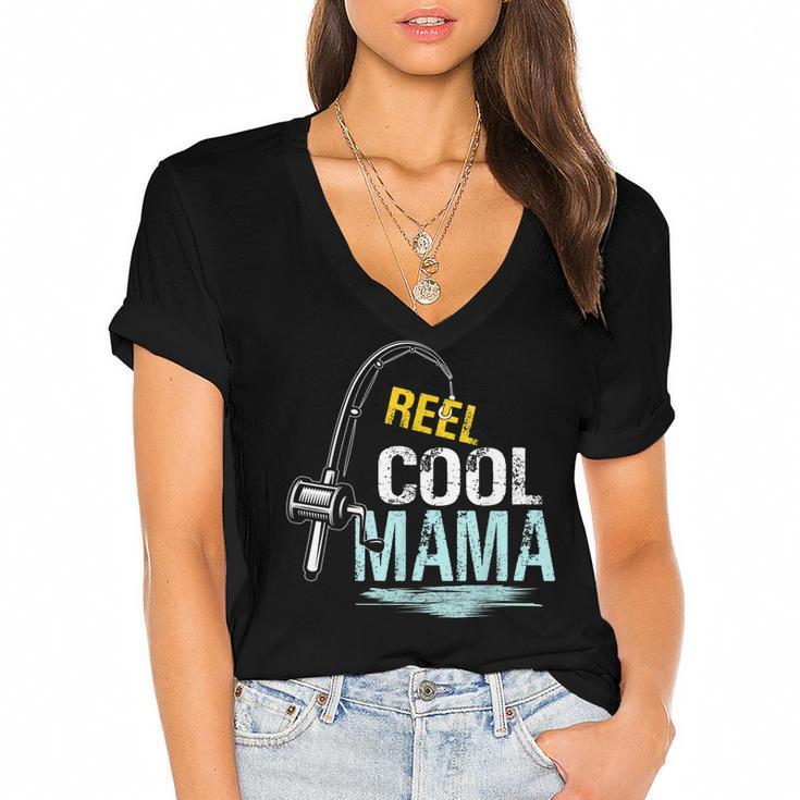 Reel Cool Mama Fishing Fisherman Funny Retro  Gift For Women Women's Jersey Short Sleeve Deep V-Neck Tshirt