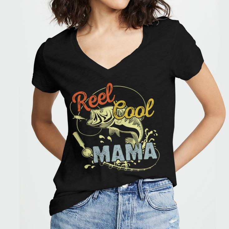 Mothers Day Funny Retro Reel Cool Mama Fishing Lover Gift For Women Women's Jersey Short Sleeve Deep V-Neck Tshirt